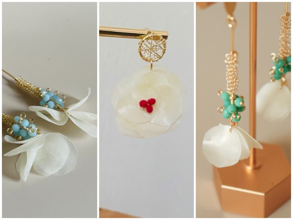 Aretes elaborados con escamas de pescado muestran la variedad de formas, colores y estilos que Dieciséis Nuditos transforma en joyería artesanal salvadoreña.