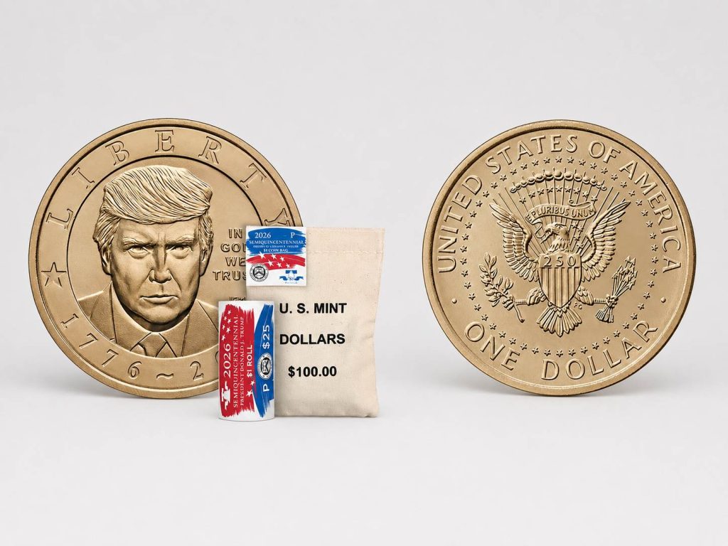 Combo de fotografías cedidas por la Casa de la Moneda de Estados Unidos que muestra una moneda de un dolar, con el rostro del presidente de Estados Unidos, Donald Trump, conmemorativa por el 250 aniversario de la independencia del país. EFE