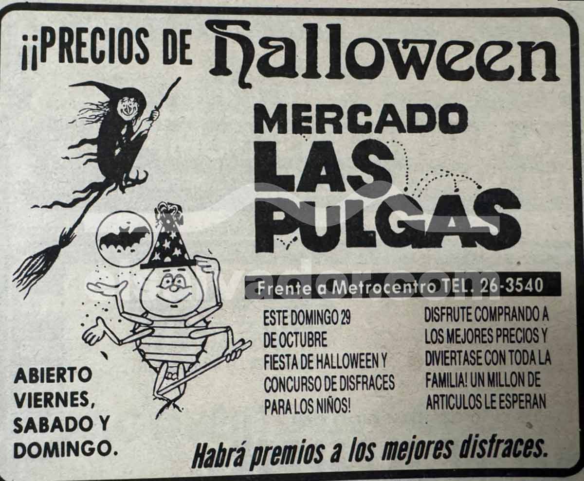 Anuncio publicitario en prensa de Mercado Las Pulgas ofreciendo concurso de disfraces infantiles y precios de Halloween