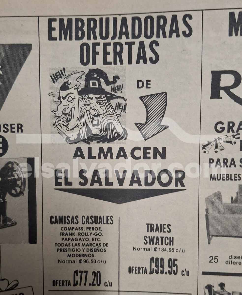 Publicidad de prensa con la imagen de una bruja riendo junto a precios rebajados en camisas y trajes de marca