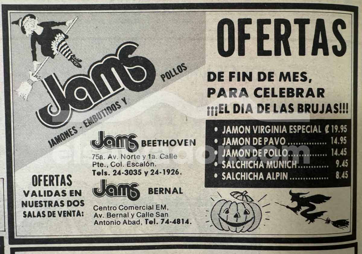 Anuncio de Jamón impreso con figuras de brujas y calabazas ofreciendo jamones y salchichas para celebrar la noche temática