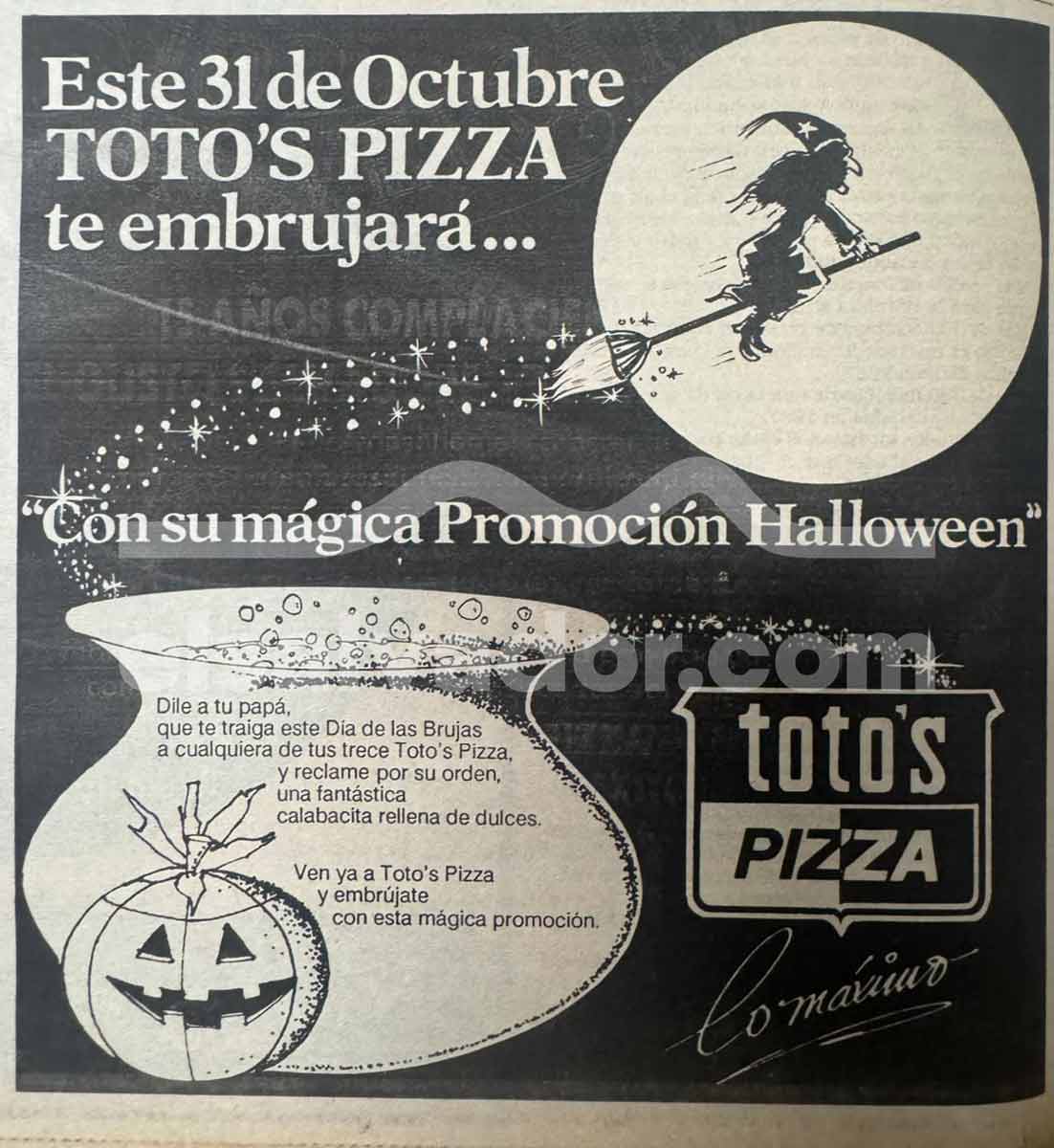 Afiche impreso en blanco y negro con una bruja volando sobre la luna y una calabaza rellena de dulces anunciando la promoción de Toto