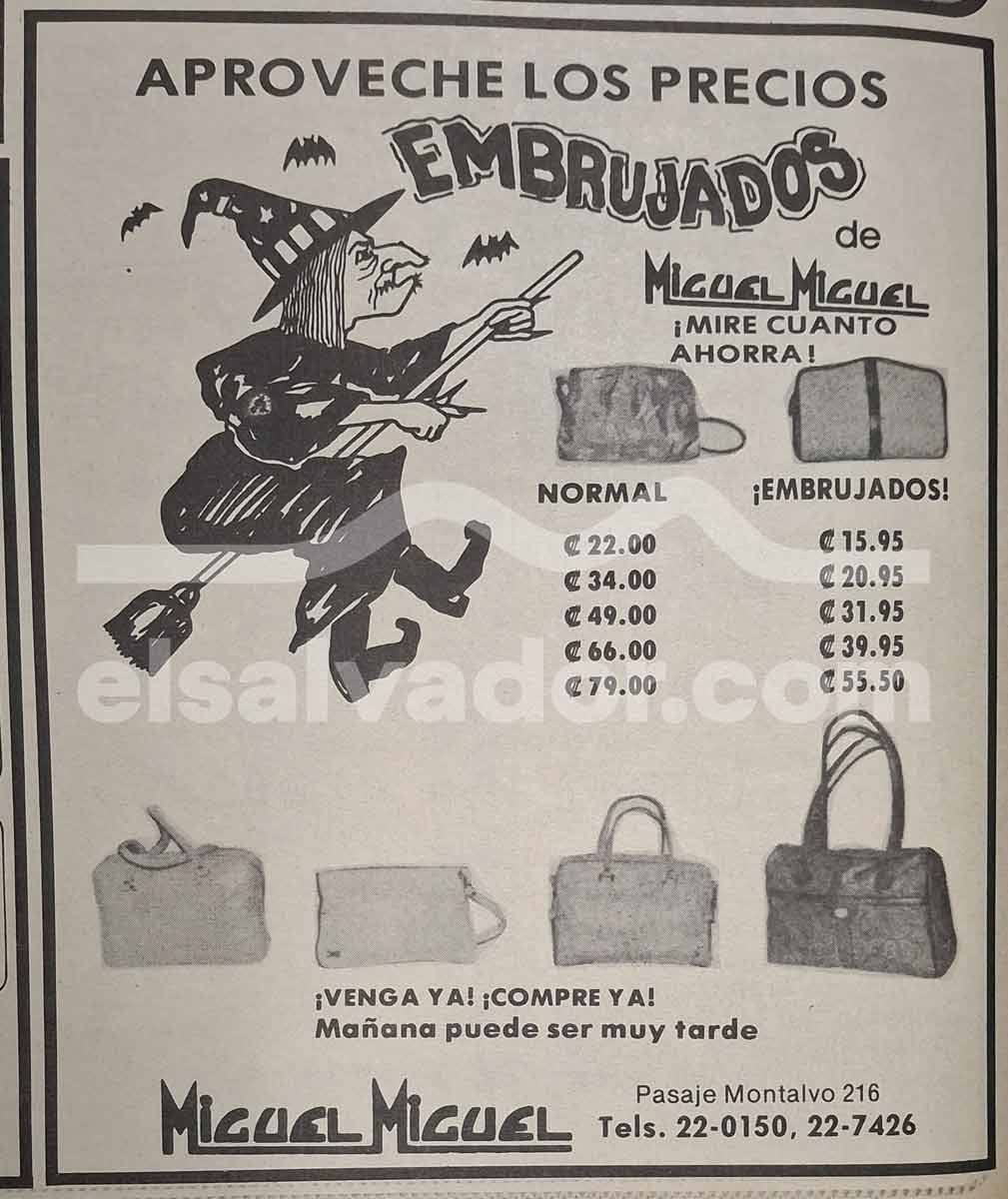 Afiche impreso en blanco y negro con la ilustración de una bruja sobre una escoba ofreciendo promociones en carteras en colones