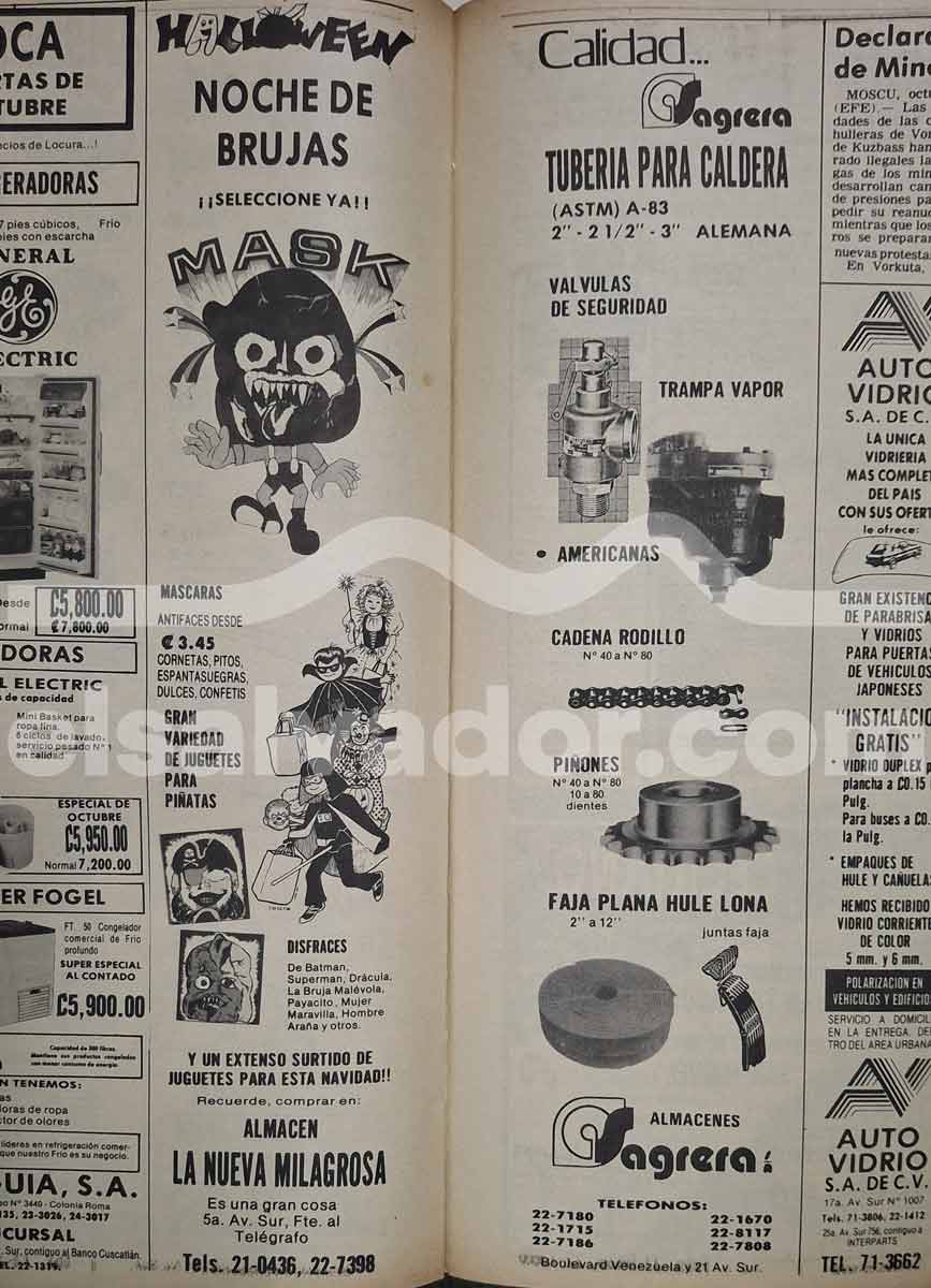 Página de prensa con el titular "Halloween Noche de Brujas" promoviendo máscaras, juguetes y disfraces de superhéroes y monstruos