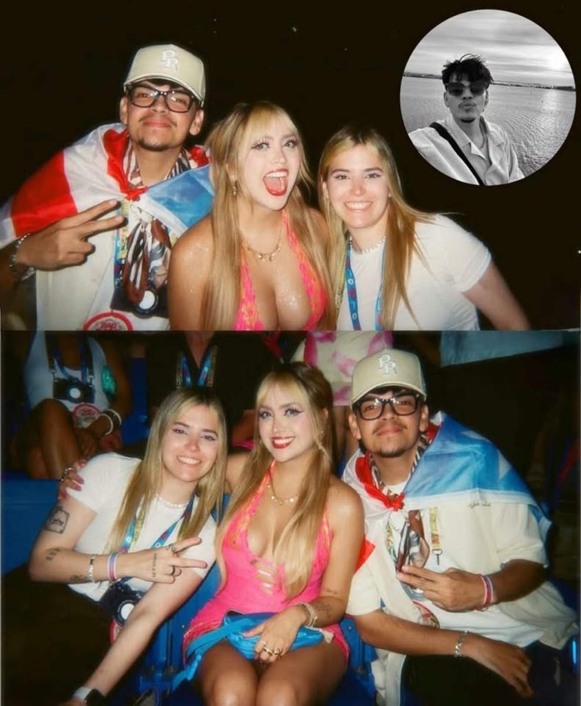 Collage de fotos instantáneas donde aparece El Komanche sonriendo con la bandera de El Salvador colgada sobre sus hombros junto a amigas.