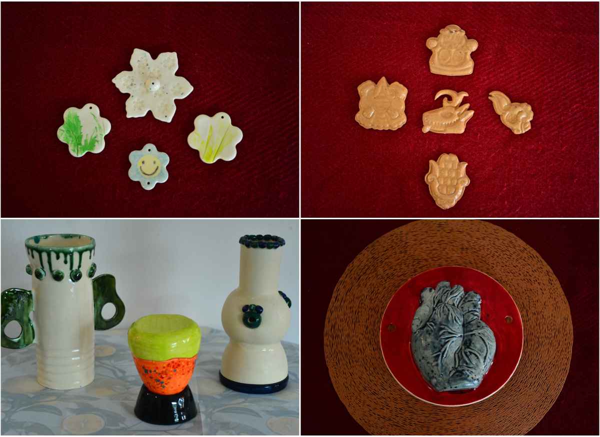 Fotografía de la diseñadora Ale Sura luciendo una de sus piezas artesanales exclusivas de cerámica.