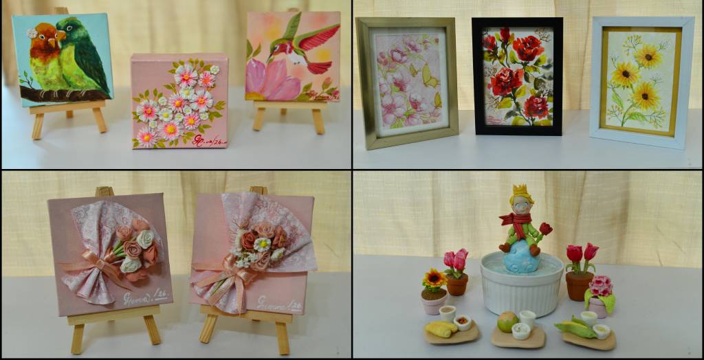 Estantería de la galería con figuras 3D hechas a mano, macetas decoradas y pequeños cuadros con precios accesibles.