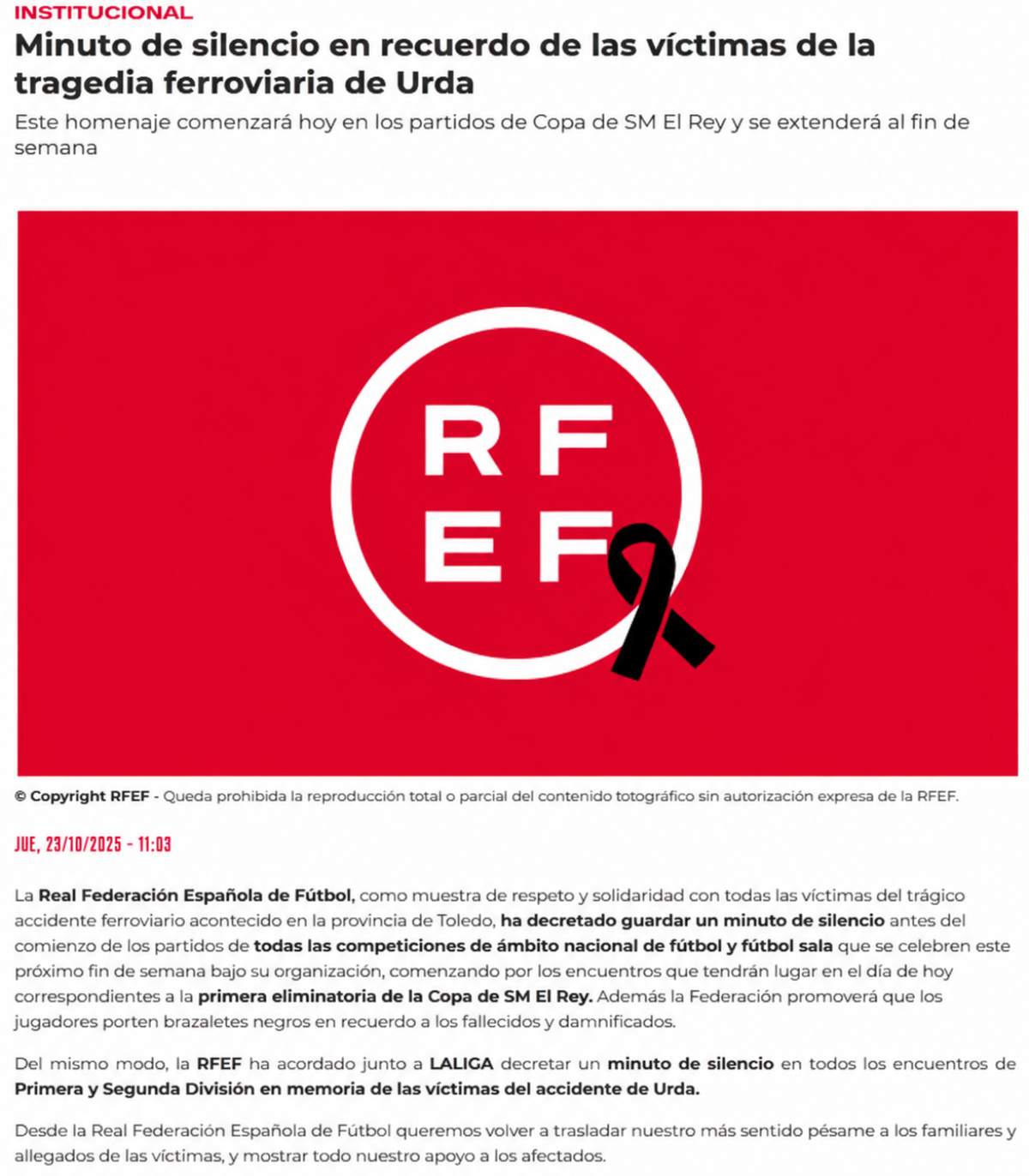 LaLiga y la RFEF acordaron homenajear a las víctimas del accidente ferroviario de Urda antes de los (1)