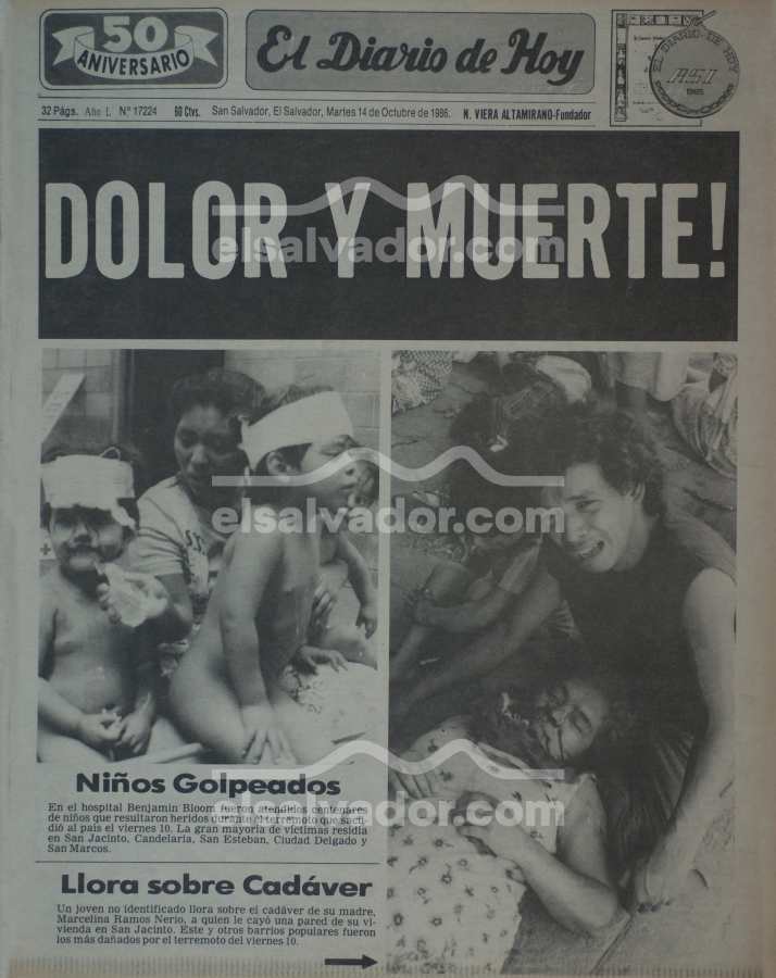 La portada del 14 de octubre de 1986 llevó el titular «¡DOLOR Y MUERTE!», tras la tragedia que afectó a San Salvador.