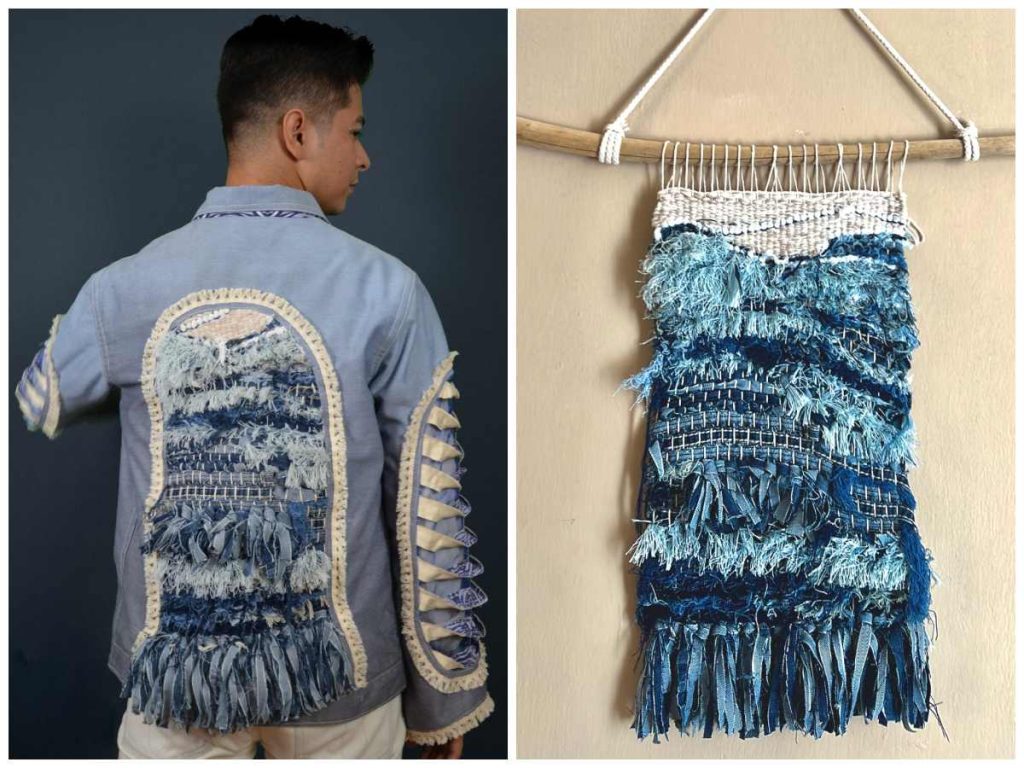 En “Coloso Azul”, Charlie Mendoza evoca el movimiento del océano mediante texturas y prendas de segunda mano transformadas con técnicas de upcycling.