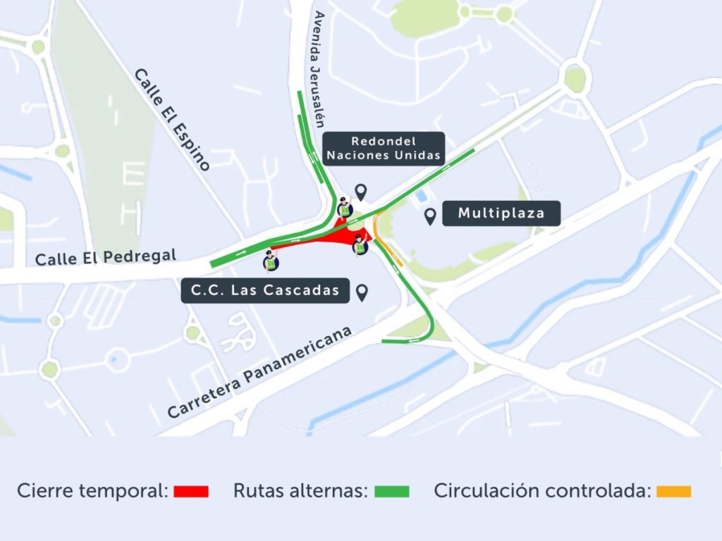 El Viceministerio de Transporte anunció un cierre parcial en el redondel Naciones Unidas debido a trabajos de construcción de una nueva pasarela.