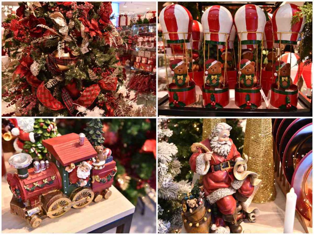 Los detalles de Holiday Memories celebran la Navidad clásica con cuadros, juguetes, figuras de Santa y piezas en rojo, verde y dorado. 