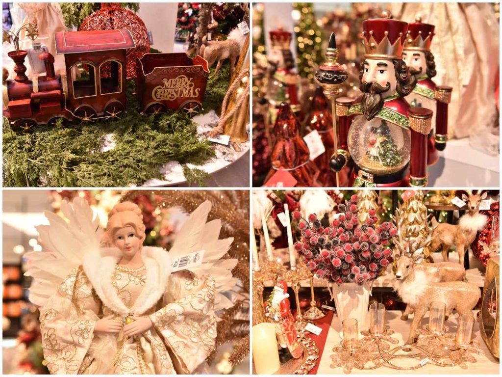Holy Night reúne trenes, cascanueces, ángeles y renos en una paleta burgundy y dorada que aporta elegancia y fantasía. 