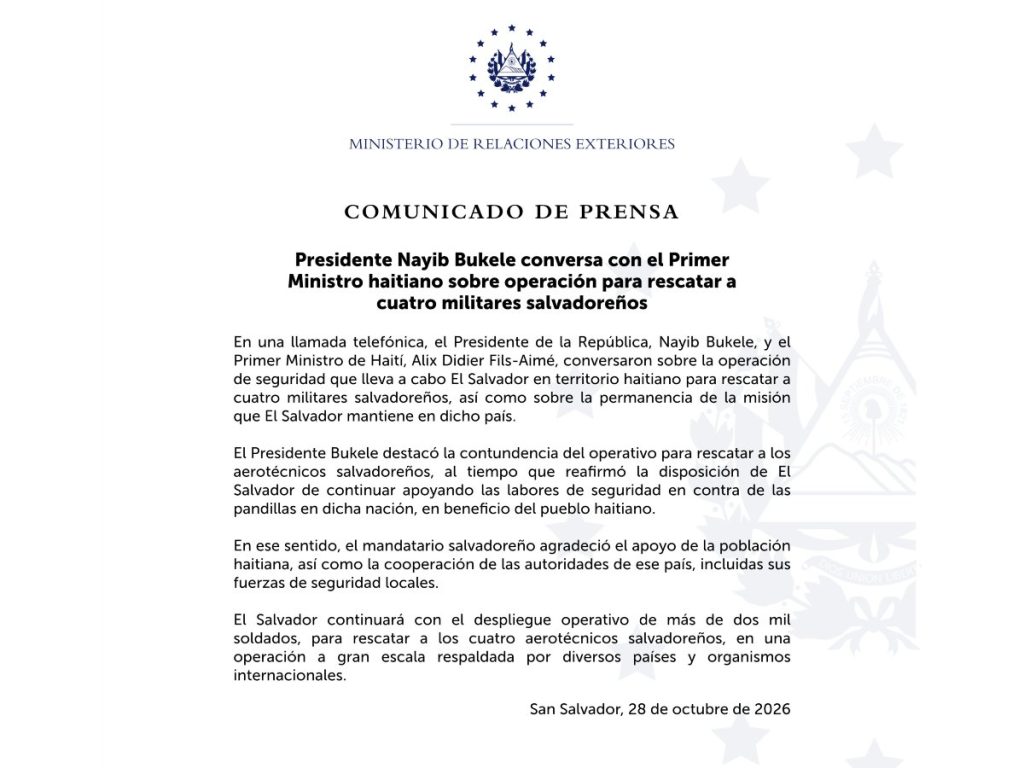 Cancillería informó que Nayib Bukele conversó con el primer ministro haitiano, Alix Didier Fils-Aimé, sobre el rescate de cuatro militares salvadoreños.