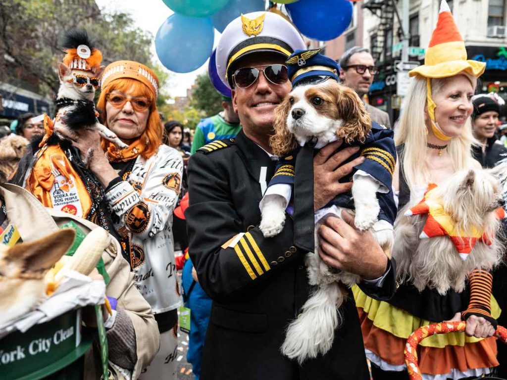 Dueños y mascotas lucen disfraces de pilotos, brujas y personajes de Halloween durante el desfile canino en Nueva York. 