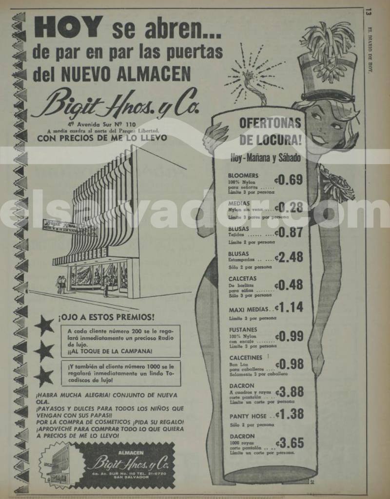 Anuncio de 1971 para la inauguración del "NUEVO ALMACEN" Bigit Hnos. y Co., con boceto de fachada.