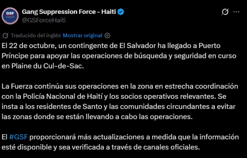 La llegada de un contingente militar salvadoreño a Haití fue confirmada por la Fuerza de Supresión de Pandillas (GSF).