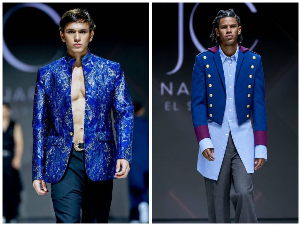 El azul fue protagonista en diseños que combinaron texturas brillantes, chaquetas de inspiración militar y siluetas contemporáneas.