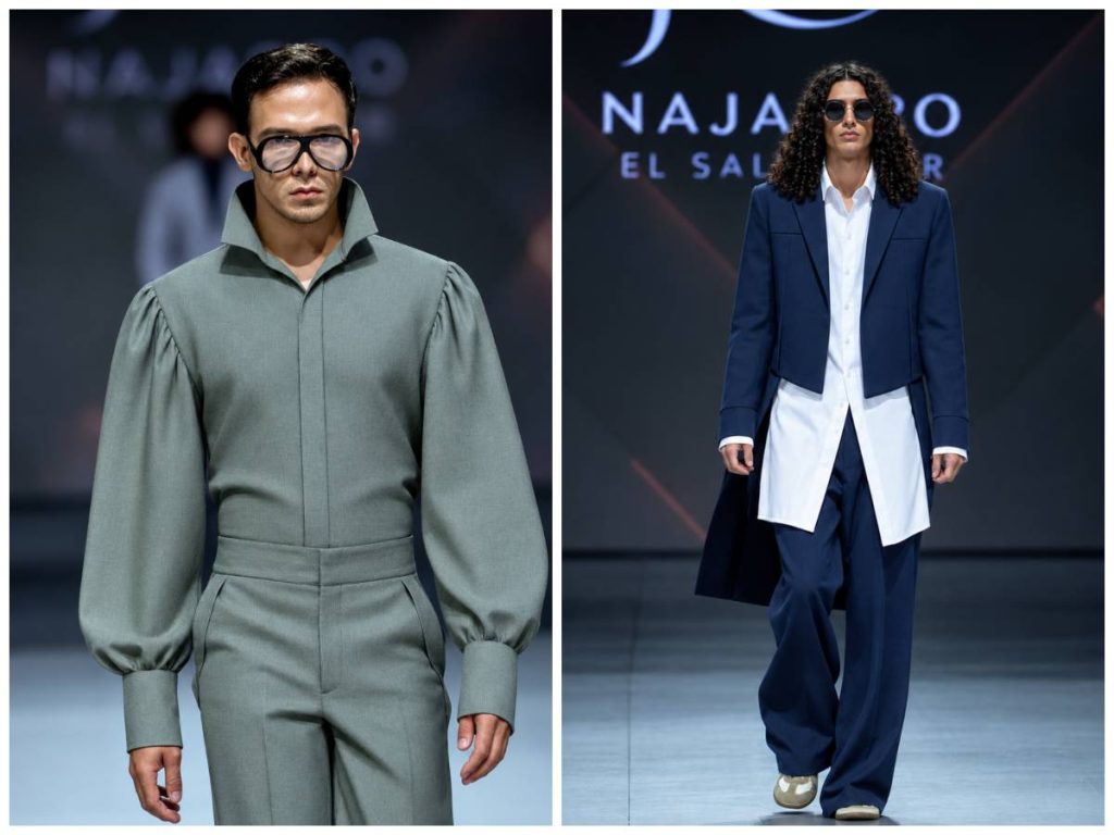 Las mangas voluminosas, los cortes estructurados y las prendas superpuestas aportaron modernidad a la propuesta masculina de Najarro.