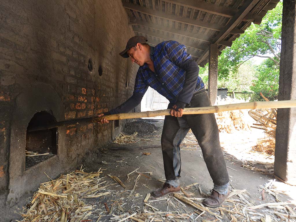 Obrero insertando bagazo seco de caña con un bambú para alimentar el fuego del horno artesanal.